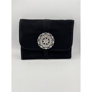 Black Satin Clutch With Silver Embellishment & Magnetic Closure